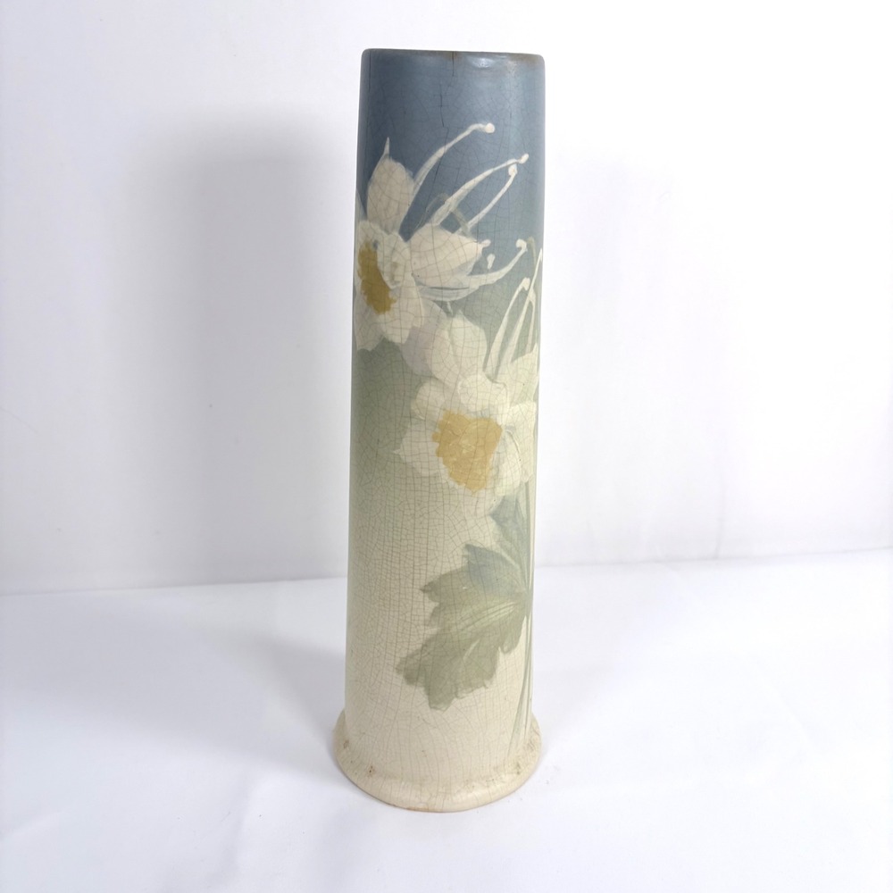 Weller  Eocean Matt Pottery Cylinder Vase Floral Hand Painted Antique 13.5 in